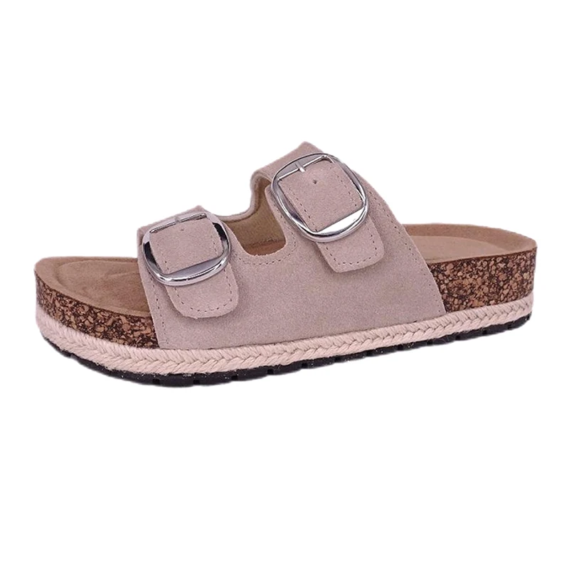 Sandalias con plantilla y suela de ramio con doble hebilla para mujer
