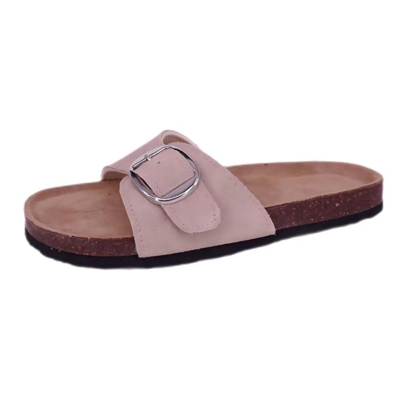 Sandalias de corcho de ante genuino con correa con una hebilla para mujer